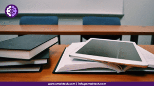 books, tablet of students showing on the bench of the classroom