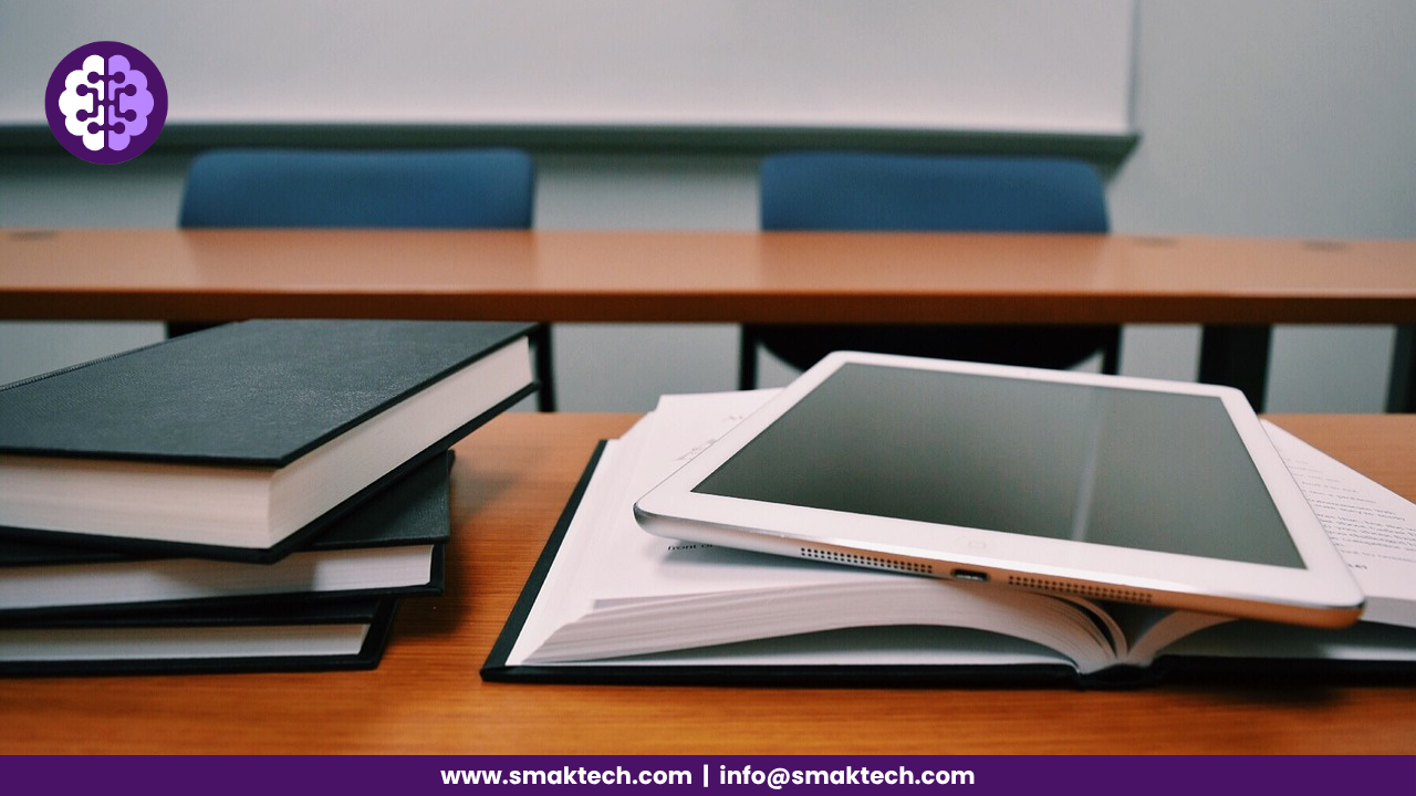 books, tablet of students showing on the bench of the classroom