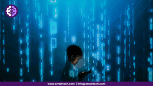 A boy using phone with binary background in the picture showing digital age.