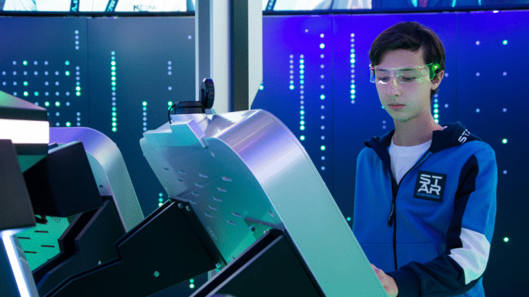 Teen engaging with modern interactive technology setup wearing smart glasses shows digital age.