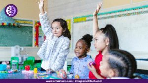 Two girls raised their hands in the classroom, which shows the adaptive learning concept.